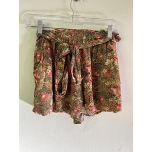 American Eagle Mustard Yellow Floral Paperbag Tie Waist Casual Shorts Size Small